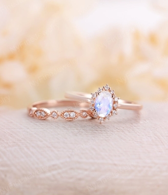 14K αυξήθηκε χρυσά μπλε φυσικά Moonstone δαχτυλίδια συσσώρευσης Moonstone δαχτυλιδιών καθορισμένα