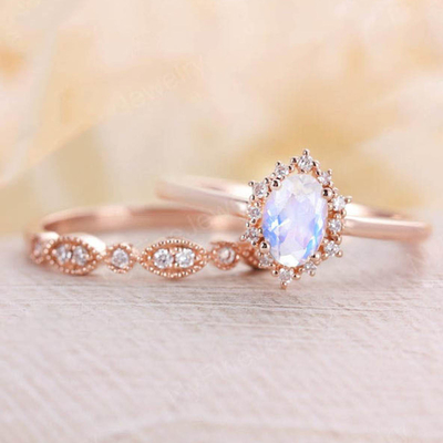14K αυξήθηκε χρυσά μπλε φυσικά Moonstone δαχτυλίδια συσσώρευσης Moonstone δαχτυλιδιών καθορισμένα