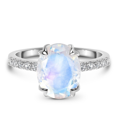 14K η άσπρη χρυσή ωοειδής περικοπή Moonstone με το CZ χτυπά το δαχτυλίδι επετείου γυναικών δέσμευσης
