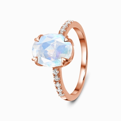 14K η άσπρη χρυσή ωοειδής περικοπή Moonstone με το CZ χτυπά το δαχτυλίδι επετείου γυναικών δέσμευσης