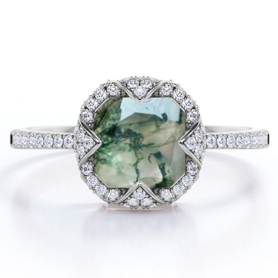 Bezel φωτοστεφάνου η συστάδα Asscher έκοψε τον αδιαφανή γαλακτώδη πράσινο αχάτη βρύου και Moissanite στρώνει το δαχτυλίδι αρραβώνων
