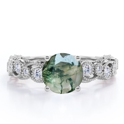 Filigree επίπεδοι στρογγυλοί γνήσιοι αχάτης και Moissanite 4 βρύου Druzy Milgrain πράσινοι Prong παλαιό δαχτυλίδι αρραβώνων ύφους