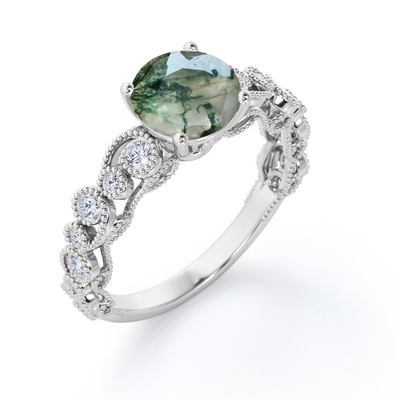 Filigree επίπεδοι στρογγυλοί γνήσιοι αχάτης και Moissanite 4 βρύου Druzy Milgrain πράσινοι Prong παλαιό δαχτυλίδι αρραβώνων ύφους