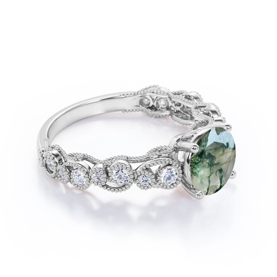 Filigree επίπεδοι στρογγυλοί γνήσιοι αχάτης και Moissanite 4 βρύου Druzy Milgrain πράσινοι Prong παλαιό δαχτυλίδι αρραβώνων ύφους
