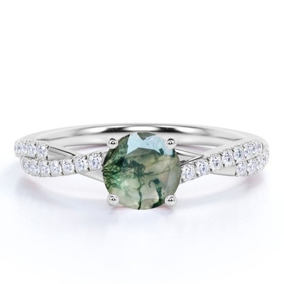 Ο στρογγυλοί φυσικοί αχάτης και Moissanite βρύου Druzy πράσινοι στρώνουν το στριμμένο δαχτυλίδι αρραβώνων απείρου