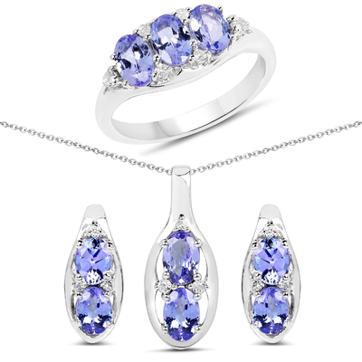 3,12 καράτι γνήσιο Tanzanite και άσπρο Topaz περιδέραιο 925 3 κομματιού εξαιρετικό ασήμι