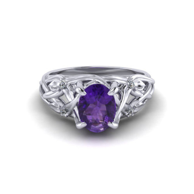 Floral αμεθύστινο δαχτυλίδι στον άσπρο χρυσό 14k, αμέθυστος 6x8mm, διαμάντι .06cttw