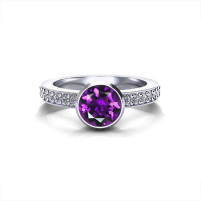 Floral αμεθύστινο δαχτυλίδι στον άσπρο χρυσό 14k, αμέθυστος 6x8mm, διαμάντι .06cttw