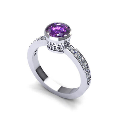 Floral αμεθύστινο δαχτυλίδι στον άσπρο χρυσό 14k, αμέθυστος 6x8mm, διαμάντι .06cttw