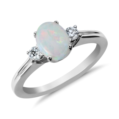 Ωοειδές Opal και διαμαντιών δαχτυλίδι ύφους έμφασης εκλεκτής ποιότητας στον άσπρο χρυσό 10K