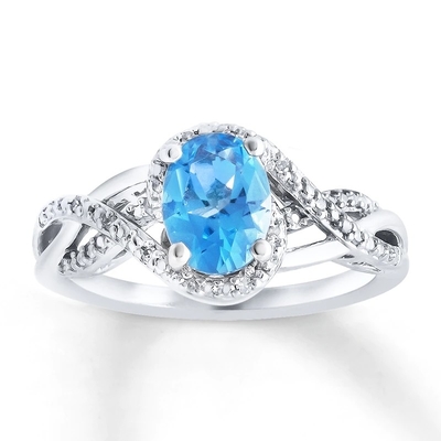 Κλασικά ελβετικά μπλε Topaz και διαμάντι τρία πέτρινο δαχτυλίδι αρραβώνων 925 εξαιρετικό ασήμι
