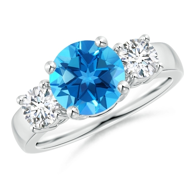 Κλασικά ελβετικά μπλε Topaz και διαμάντι τρία πέτρινο δαχτυλίδι αρραβώνων 925 εξαιρετικό ασήμι