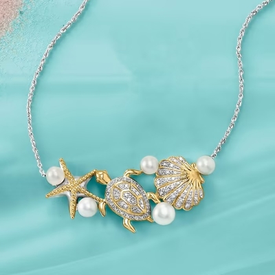 45.5mm καλλιεργημένο μαργαριτάρι και .14 CT. t.w. Ασήμι περιδεραίων ζωής θάλασσας διαμαντιών σε στερλίνες και χρυσός 18kt πέρα από τις εξαιρετικές λεπτομέρειες