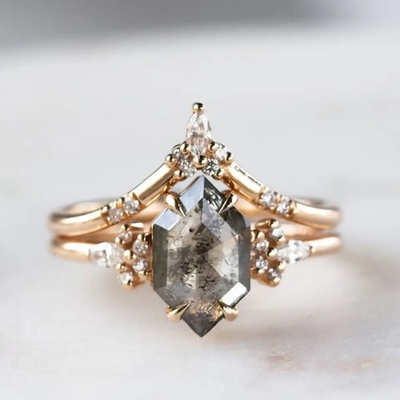 Hexagon αλάτι και πιπέρι CZ Moissanite 925 περικοπών ασημένιο καμμμένο δαχτυλίδι ταίριασμα
