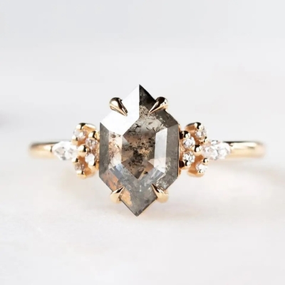 Hexagon αλάτι και πιπέρι CZ Moissanite 925 περικοπών ασημένιο καμμμένο δαχτυλίδι ταίριασμα