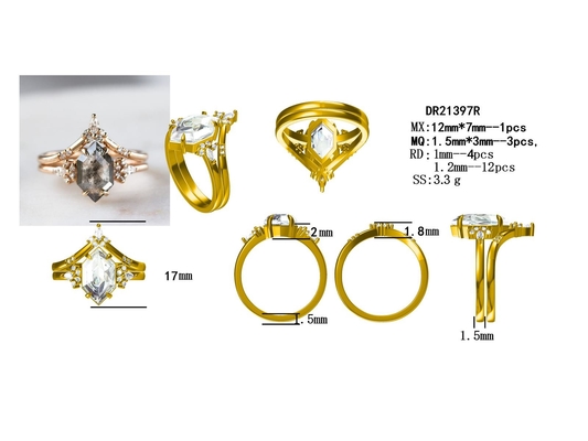 Hexagon αλάτι και πιπέρι CZ Moissanite 925 περικοπών ασημένιο καμμμένο δαχτυλίδι ταίριασμα