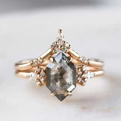 Hexagon αλάτι και πιπέρι CZ Moissanite 925 περικοπών ασημένιο καμμμένο δαχτυλίδι ταίριασμα