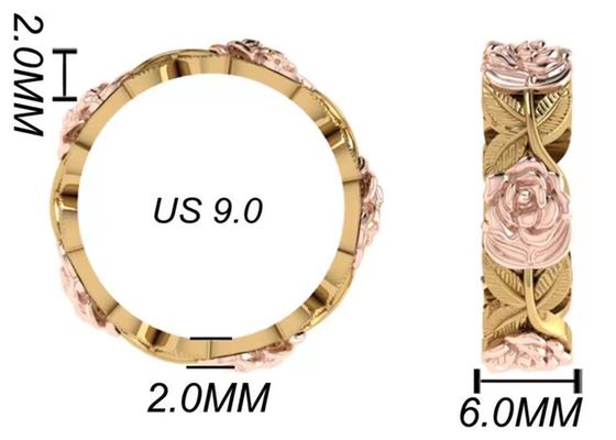 14K τρι πάχος 2mm πλάτος 6mm δαχτυλιδιών αρραβώνων λουλουδιών και φύλλων χρώματος